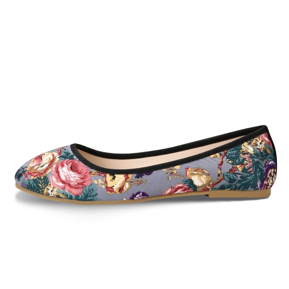 Grey Floral Ballet Flats Round Toe Cottagecore Slip On Shoes - Picture 6 of 7